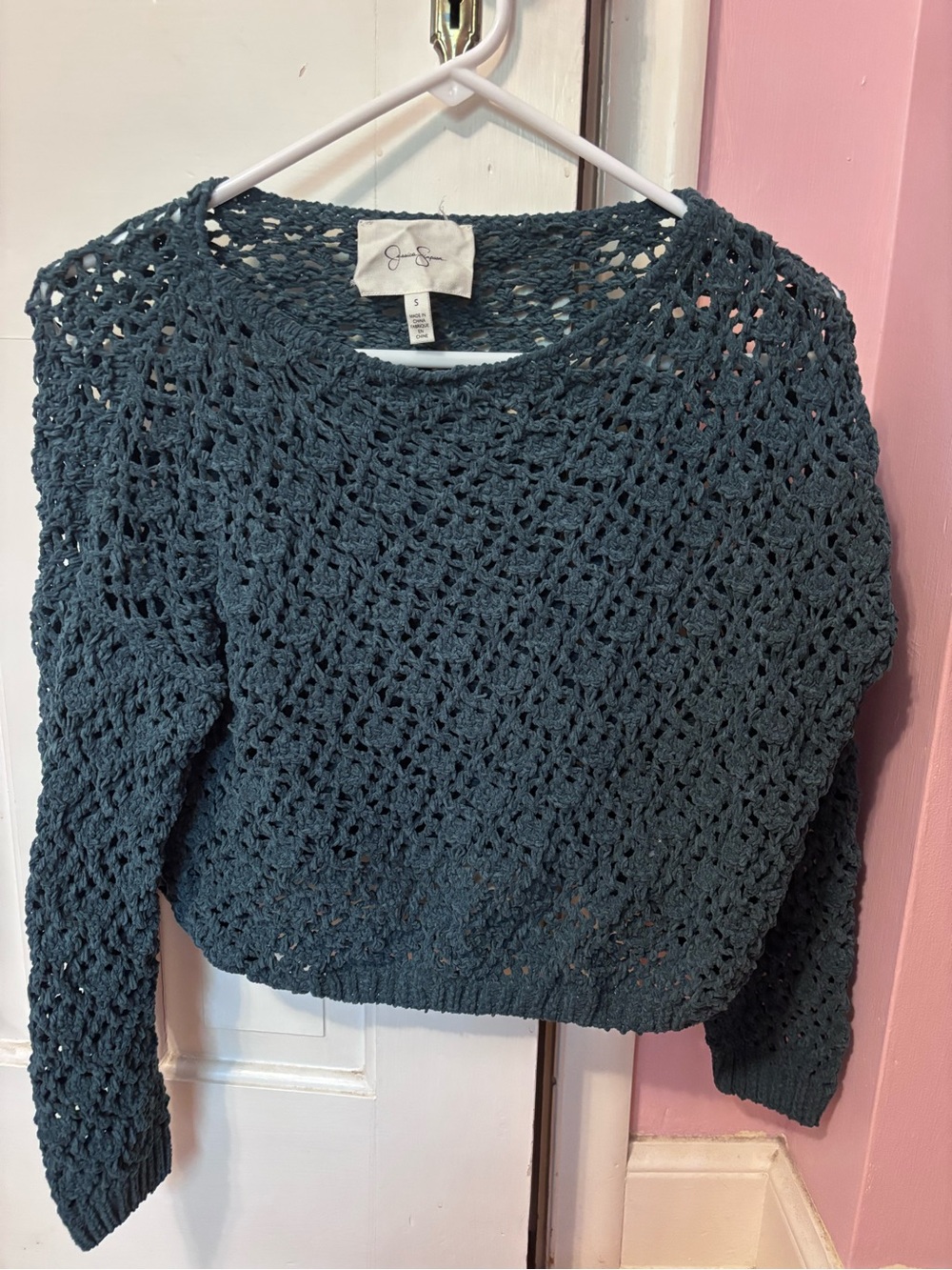 Jessica Simpson Dark Green Open-Knit Crochet Crewneck Sweater